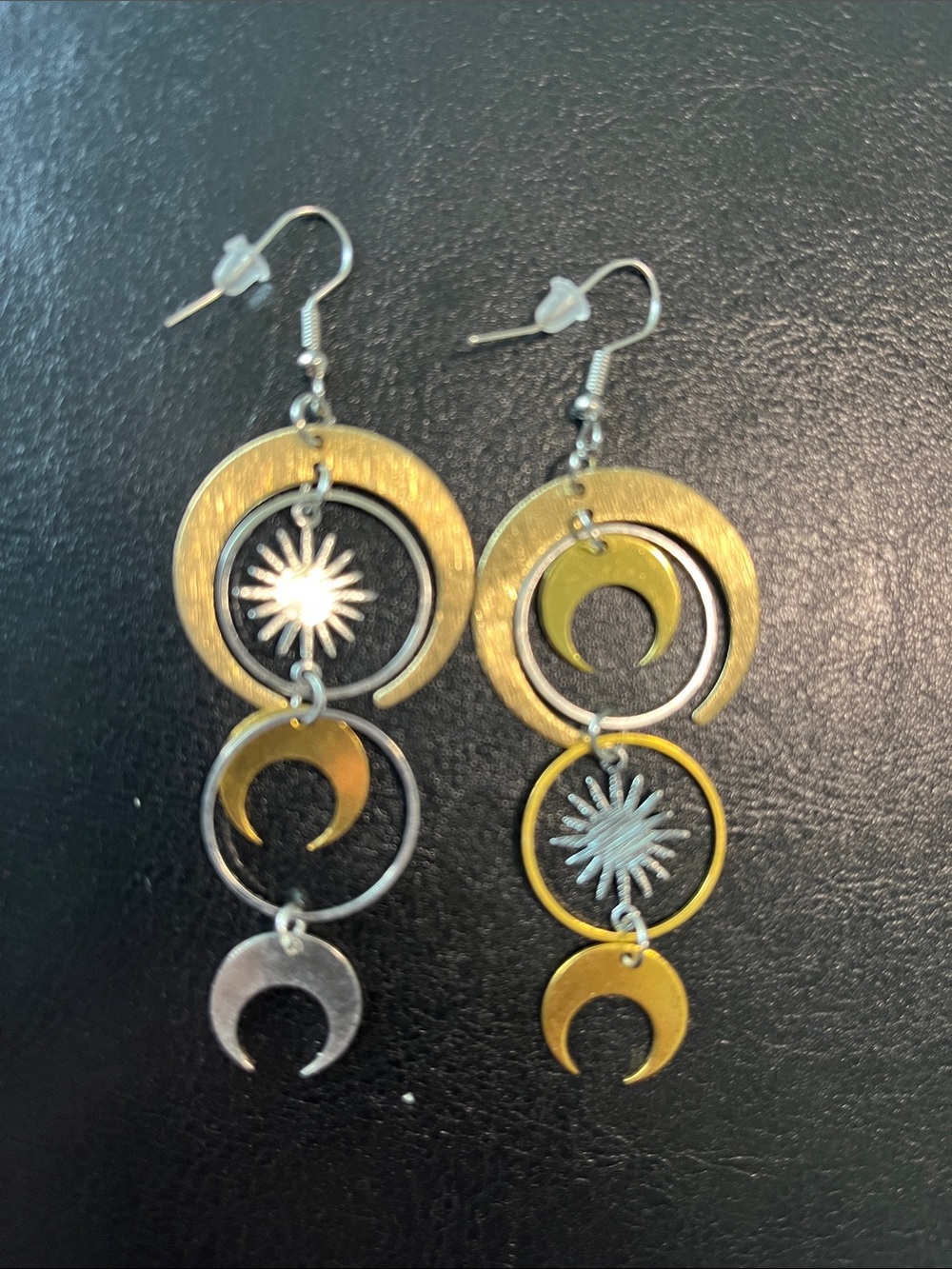 Gold and Silver Celestial Crescent Drop Earrings